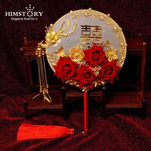 HIMSTORY Vintage Chinese Wedding Fan Red Roses Flowers Bridal Bouquets Gold Phoenix Round Brides Hand Fan Accessories