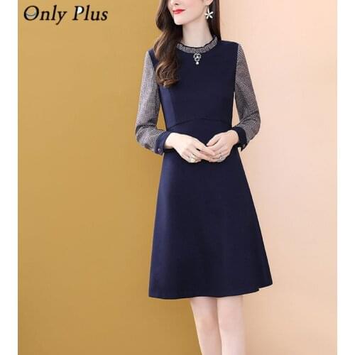 Only Plus Patchwork Plaid Long Sleeve Fashion Elegant Party Dress Knee Length Vintage High Waist Fake two piece A-Line dress