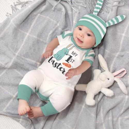 3-24Months New Infant Baby Boys Girls Easter Cartoon Rabbit Printed Romper Jumpsuit+Hat Suit baby boy romper Cartoon stripes M4