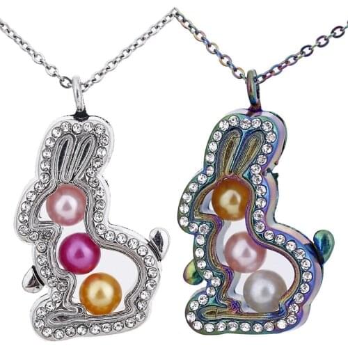 Cartoon Rabbit Pendant Necklace Glass Locket 50cm Steel Chain Necklace Pearl Cage Pendant for 8mm Pearl