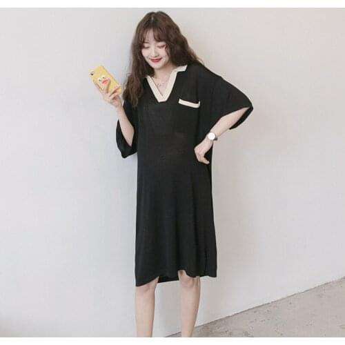 Maternity V-Neck Dresses Expectant Mother Solid Color Dress Pregnant Women Short Sleeve Loose Fashion Dress Pregnancy Clothes