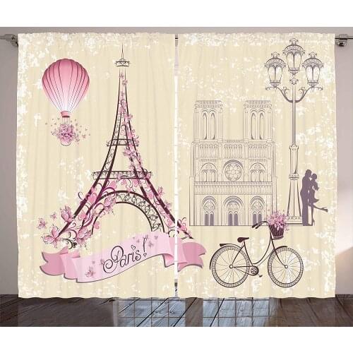 Kiss Curtains Floral Paris Symbols Landmarks Eiffel Tower Hot Air Balloon Bicycle Romantic Living Room Bedroom Window Drapes
