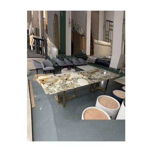 Luxurious stone dining table rectangular 8-person villa luxury dining table customized metal base