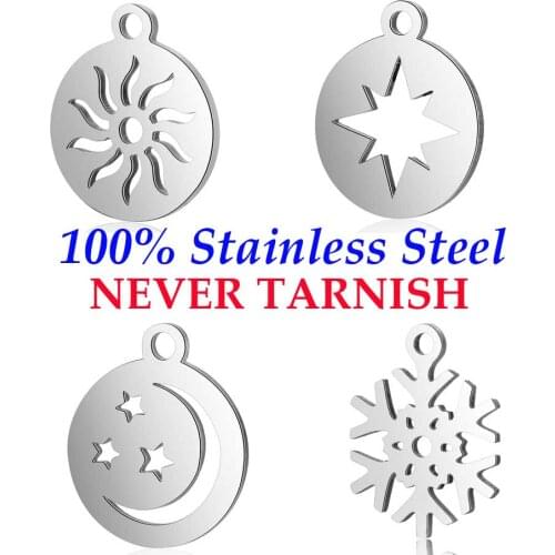 10 Pieces Sun Star Snowflake Moon Charm Wholesale 100% Stainless Steel AAAAA Quality Pendants Never Tarnish