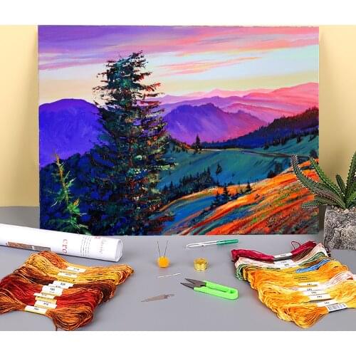 Landscape Sunset Printed Fabric 11CT Cross-Stitch DIY Embroidery Full Kit DMC Threads Hobby Needlework Handiwork Needle