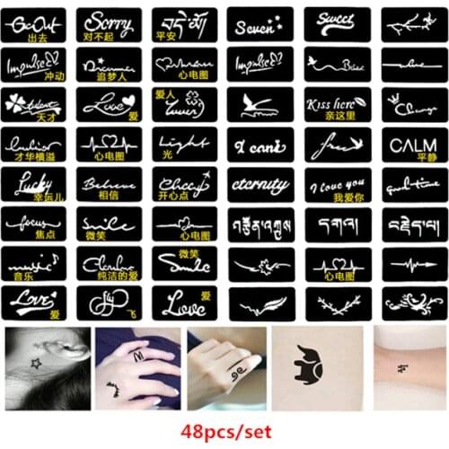 48pcs/set Glitter Tattoo Stencil Letter Design Henna Stencils Airbrush Stencil Tattoo Template for Hand Neck Arm Wrist Pochoir