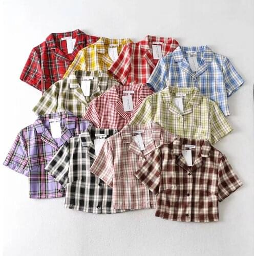 Spring New Fashion Retro Plaid Color Matching Girl Style Suit Collar Short Sleeve Shirt Small Tall Waist Top
