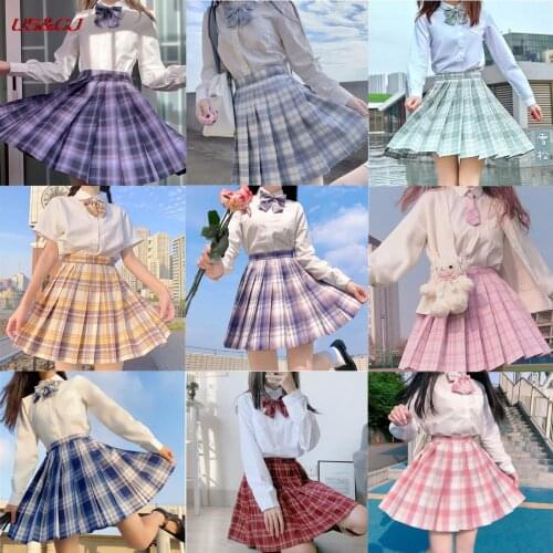 Girl JK Uniform Pleated Skirts JK School Uniform High Waist Plaid Pleated Skirts Woman Full Set Blouse + Skirt + Bow + Socks