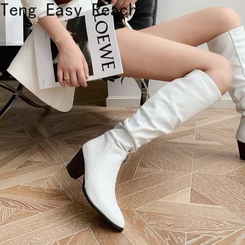2021 High Heel Knee High Boots Women Shoes Faux Leather Pleated Long Boots Pointed Toe 34-43 Autumn Winter Boots