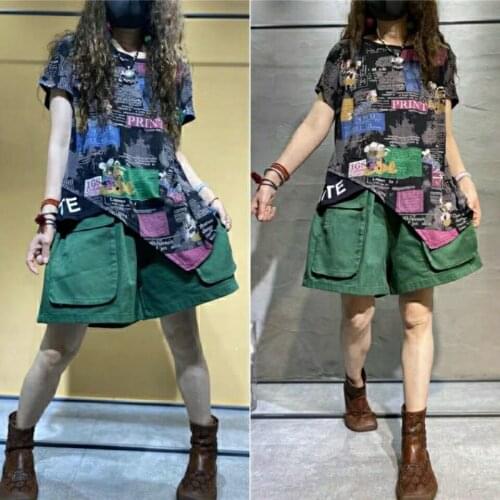 2021 New Retro Print Round Neck Contrast Short Sleeve T-shirt Womens Age Reducing Summer Thin Irregular Two Piece Set Women