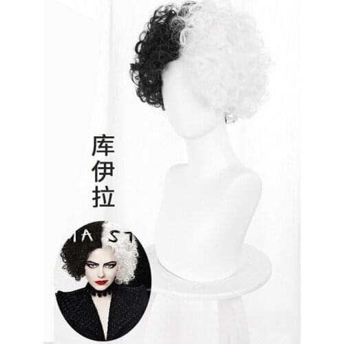 Anime Cruella de Vil Short Black White Wig Woman Curly Wave Wig Retro Girl Cosplay Costume Movie Cruella Hair Halloween Party