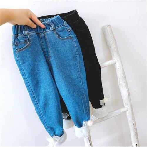 Winter Childrens Plus Velvet Jeans 3 4 5 6 7 Y Baby Girls Casual Thick Warm Denim Pants Toddler Kids New Solid Winter Trousers