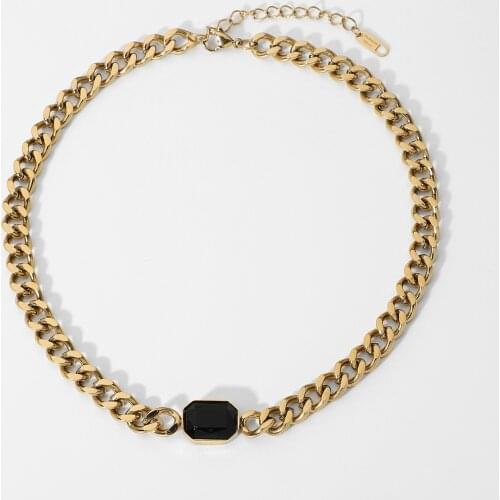 14K Gold Plated Stainless Steel Cuban Chain Black Stone Pendant Necklace For Women Girls Summer Choker Jewelry