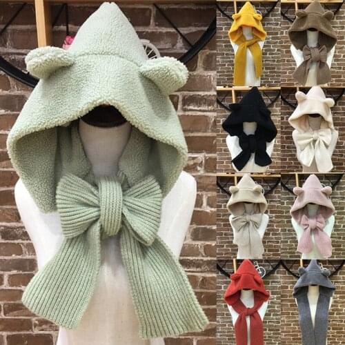 2-in-1 Cute Plush Hat Knitted Scarf for Women Girls Keep Warming Cap Winter Accessories -OPK