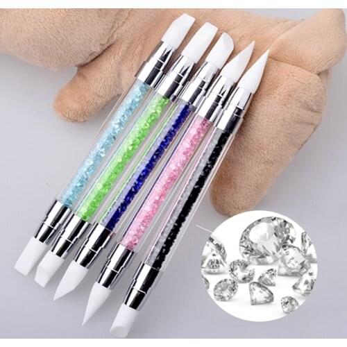 2 Way Rhinestone Crystal Nail Art Brush Pen Silicone Head Carving Emboss Shaping Hollow Sculpture Acrylic Manicure Dotting Tools