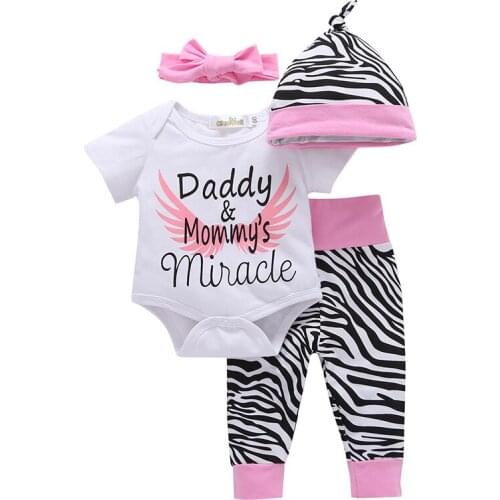 4PCS Newborn Baby girls clothes Sets Daddy & Mommys Miracle Bodysuit+Zebra Pants+Hat+Headband Infant Toddler Girls Outfit