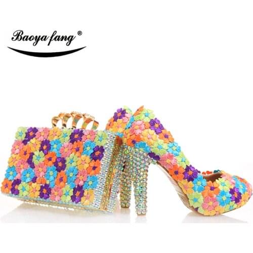 BaoYaFang Flower womens wedding shoes with matching bags High heels Platform shoes and purse High Platform shoes free shipping