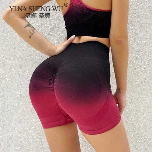 Seamless Sport Women Shorts High Waist Boody Push Up Fitness Gym Yoga Shorts Quick Drying Workour Gradient color Short Leggings