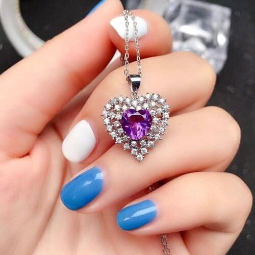 Elegant Silver Heart Gemstone Pendant for Party 100% Natural Amethyst Necklace Pendant Real 925 Silver Amethyst Pendant