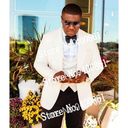 Fantastic One Button Ivory Groom Tuxedos Groomsmen Shawl Lapel Mens Suits Blazers (Jacket+Pants+Vest+Tie) W:1206