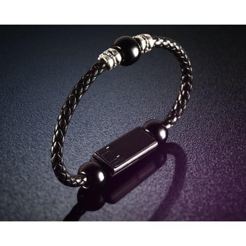 Mini Micro USB Type-C Cable Portable Leather Bracelet Wristband Bead For Huawei P30 Samsung S9 xiaomo Android Phone Charger Cord