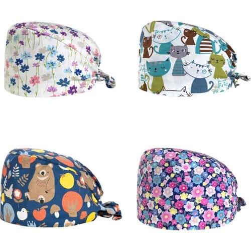 New Cartoon Animals Flowers Print Nurse Hats for Women Gorros Quirurgic Salon Pharmacy Caps For Men Lab Pet Doctor Surgicals Cap
