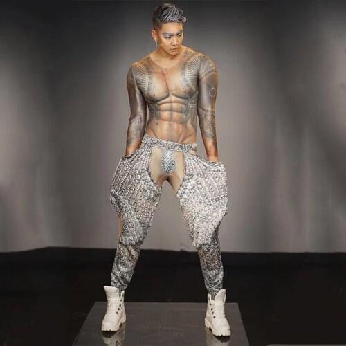 Sexy Muscle Nightclub Men Spandex Elastic Jumpsuit + Pant Gogo Dancer Costume Rave Clothes Party Bar Stage dj Costumes