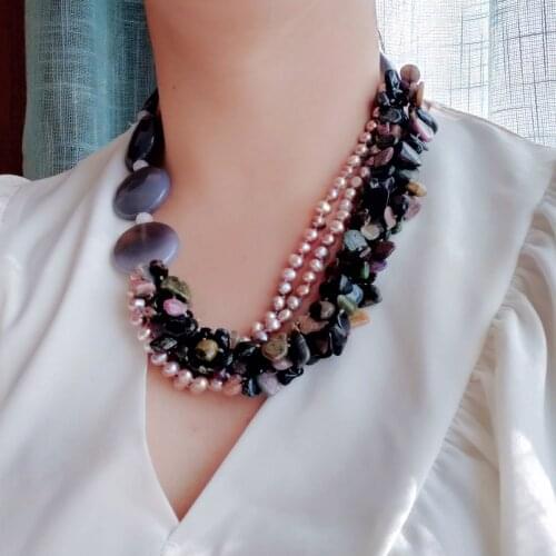 Lii Ji Statement Necklace Genuine Stone Tourmaline Purple Freshwater Pearl Grey Agates 6 Rows Unique Necklace 53cm Women Jewelry