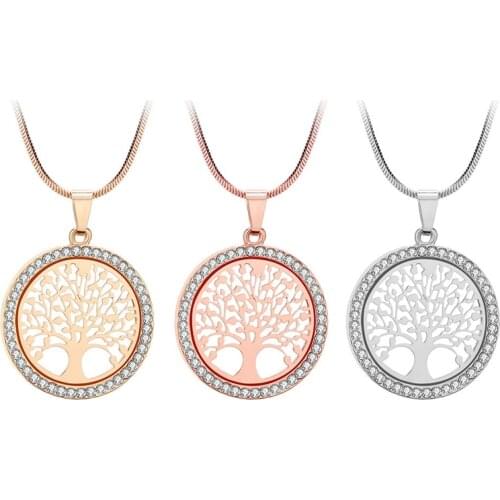 Fashion Tree of Life Crystal Round Pendant Necklace Women Elegant Metal Neck Chain Gold Silver Color Charm Necklace Jewelry Gift