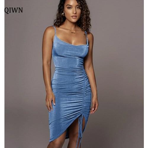 Fashion Drawstring Ruched Split Midi Dress Women Party Club Backless Sleeveless Skinny Dresses Holiday Vestido
