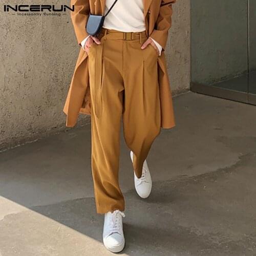 Fashion Solid Color Men Straight Pants Button Streetwear Pockets Trousers With Belt Loose Joggers 2021 Casual Pantalon INCERUN