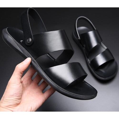 Men Shoes Cow Leather Soft Breathable Casual Flats Summer Men Beach Sandals Slippers Flip Flop Black