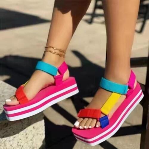 2021 Summer New Thick-soled Mid-heel Square Toe Velcro Sandals Womens Colorful Platform Shoes Shoes for Women