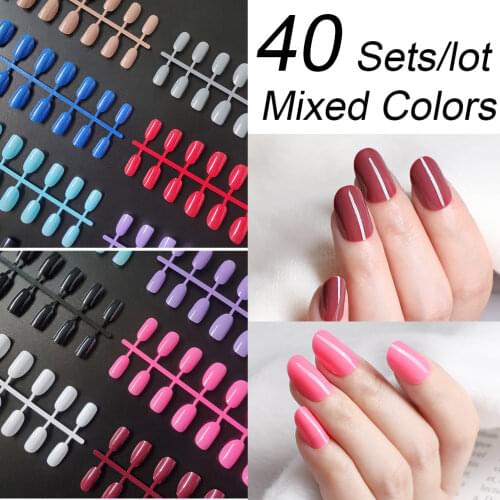 Wholesale 40 Sets Of Mixed Colors Fashion Round Shape Press on False Nail Tips Full Cover Round Oval Shape Fake Finger Nails