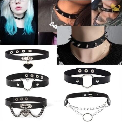 Gothic Choker Necklaces Women Girls Rivet Leather Necklace Rock Kpop Punk Neck Collars Black Choker Necklace Cool Collar