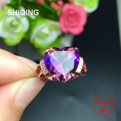 SHIQING Nature Ametrine real gemstone bling heart gemstone romantic silver ring for her