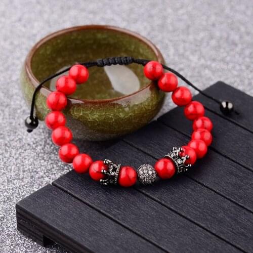 Luxury CZ Copper Crown Couple Distance Bracelets For Women Men Red Natural Stone&Cubic Zirconia Charm Bracelet