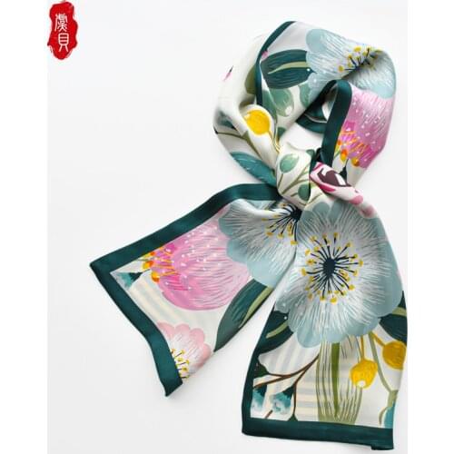 Green flower printing 100% silk scarf women luxury hair towel scarves for girls brand hijab headband bandana ribbon handkerchief