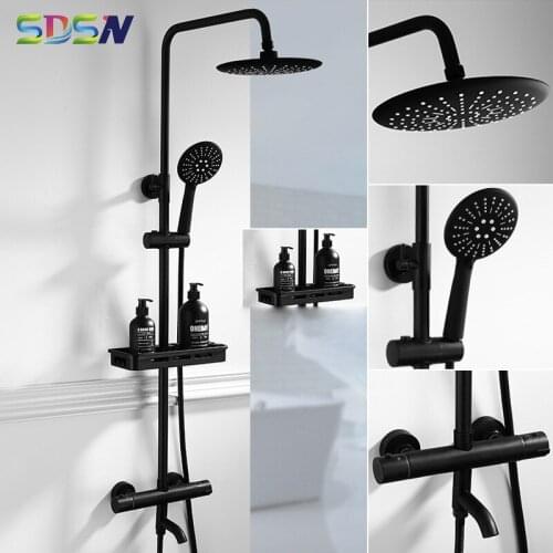 SDSN Thermostatic Bathroom Faucets Rainfall Shower Head Black Bronze Thermostatic Shower Set Brass Bathroom Bathtub Mixer Faucet