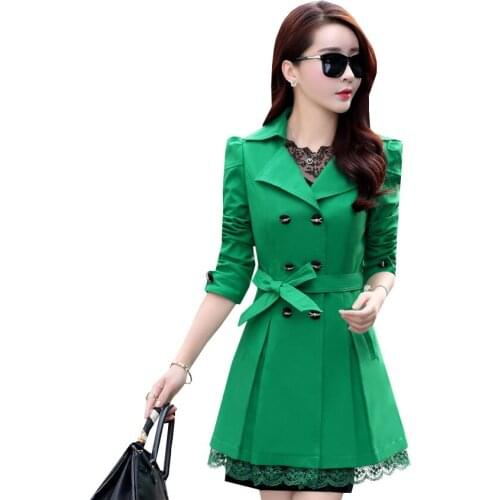 New Spring Autumn Double Breasted Lace Trench Fashion Women Trench Coat Long Outwear Female Slim Belt Windbreaker Coats AB454