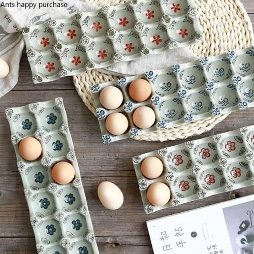 Japanese-style Underglaze Ceramics Egg Tray 12 Grid Rectangle Multi Grid Egg Plate Storage Box Kitchen Supplies Household Tray