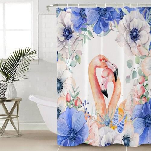Flamingo Purple Flowers Leaves Shower Curtain Bathroom Decorative Waterproof Polyester Fabric Curtain for Bathroom