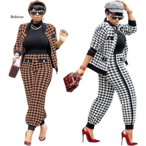 Women Sexy Houndstooth Print Two Piece Set Long Sleeve Button Coat Tops Fashion Pants Streetwear Club Matching Sets