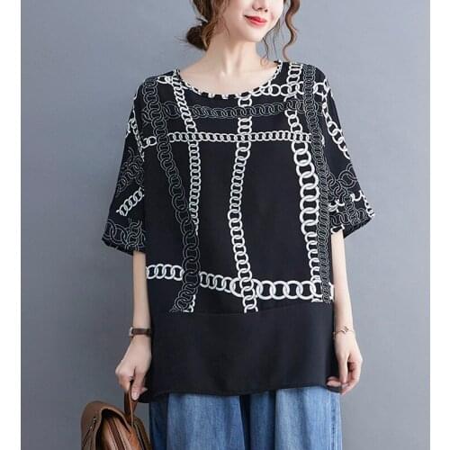 Oversized Women Summer Casual Chiffon Blouses New Arrival 2021 Simple Style Vintage Print Loose Female Half Sleeve Tops B193