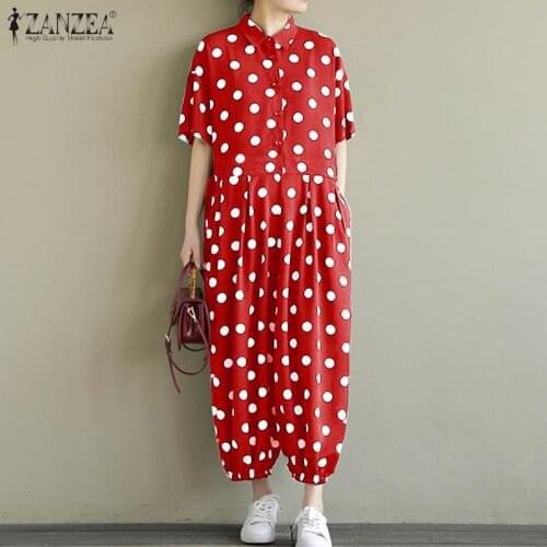 Womens Polka Dot Jumpsuits ZANZEA 2021 Stylish Summer Rompers Casual Print Overalls Female Short Sleeve Playsuits Plus Size 5XL