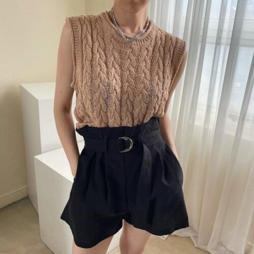Korea Chic Summer Simple and Versatile Round Neck Pullover Hemp Pattern Design Casual Sleeveless Sweater Vest Women