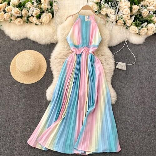 2021Summer Women Dress Off Shoulders Spaghetti Strap Gradient Color Ladies Dress Sleeveless Slim Pleated Long Swing Slip Dress