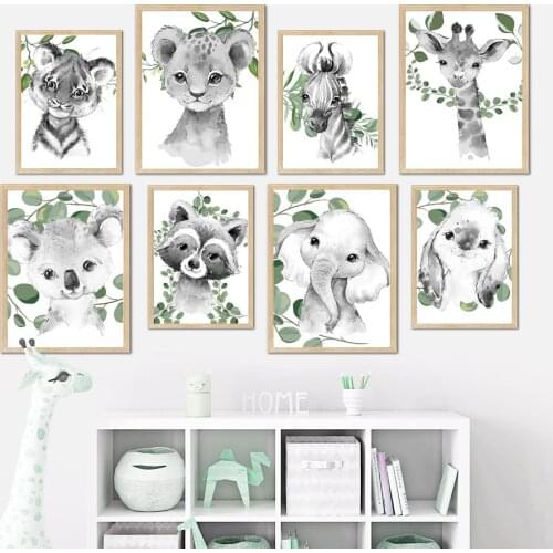 Jungle Animals Wall Art Canvas Painting Elephant Tiger Lion Raccoon Nordic Posters And Prints Wall Pictures Baby Kids Room Decor