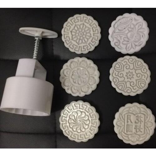 125g round shape flower patten Moon Cake Molds with 6 Stamps plastic hand pressure chinese moon cake mould