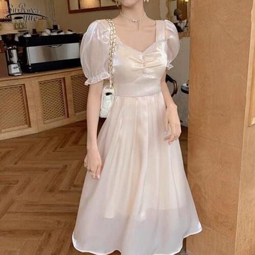 2021 French Summer Chiffon Dress Women Sweet Puff Sleeve O Neck Party Dress A Line Solid Princess Long Dress Vestidos 14186